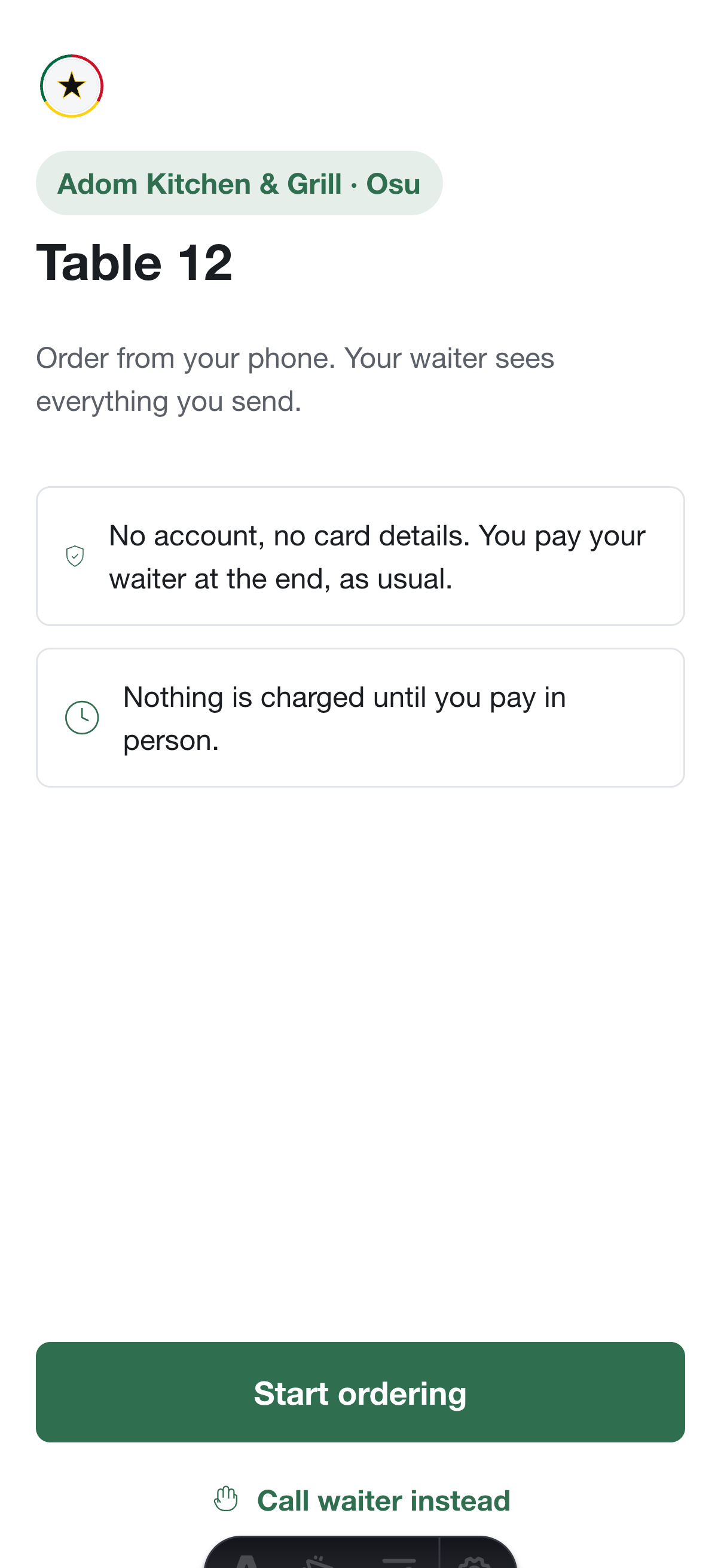 Guest ordering portal opened from a QR code