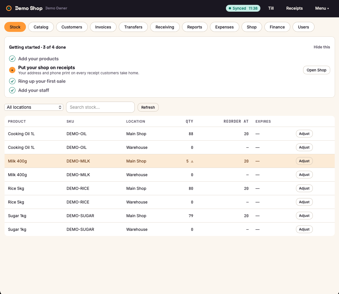 Obali POS stock control