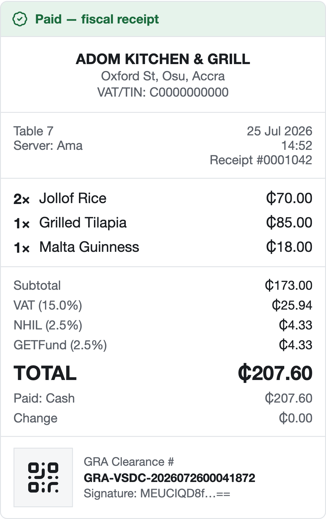 Fiscal receipt with VAT, NHIL and GETFund lines and a GRA clearance number